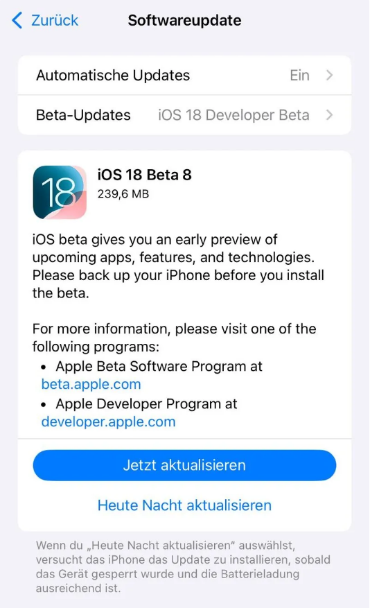 梁山苹果手机维修分享苹果 iOS / iPadOS 18 开发者预览版 Beta 8 发布 